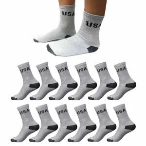 12 Pairs Mens USA Crew Socks Sports Cushioned Running Cotton USA Size 9-11 Grey
