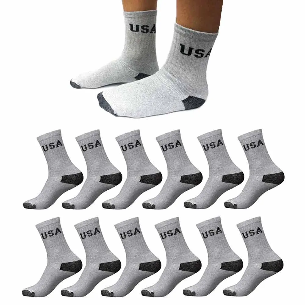 12 Pairs Mens USA Crew Socks Sports Cushioned Running Cotton USA Size 9-11 Grey