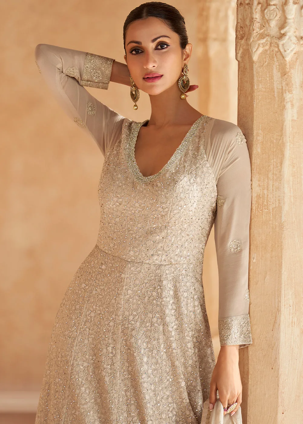 Abalone Grey Chikankari Embroidered Georgette Anarkali Gown