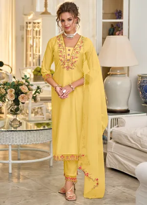 Aureolin Yellow Embroidered Silk Salwar Suit