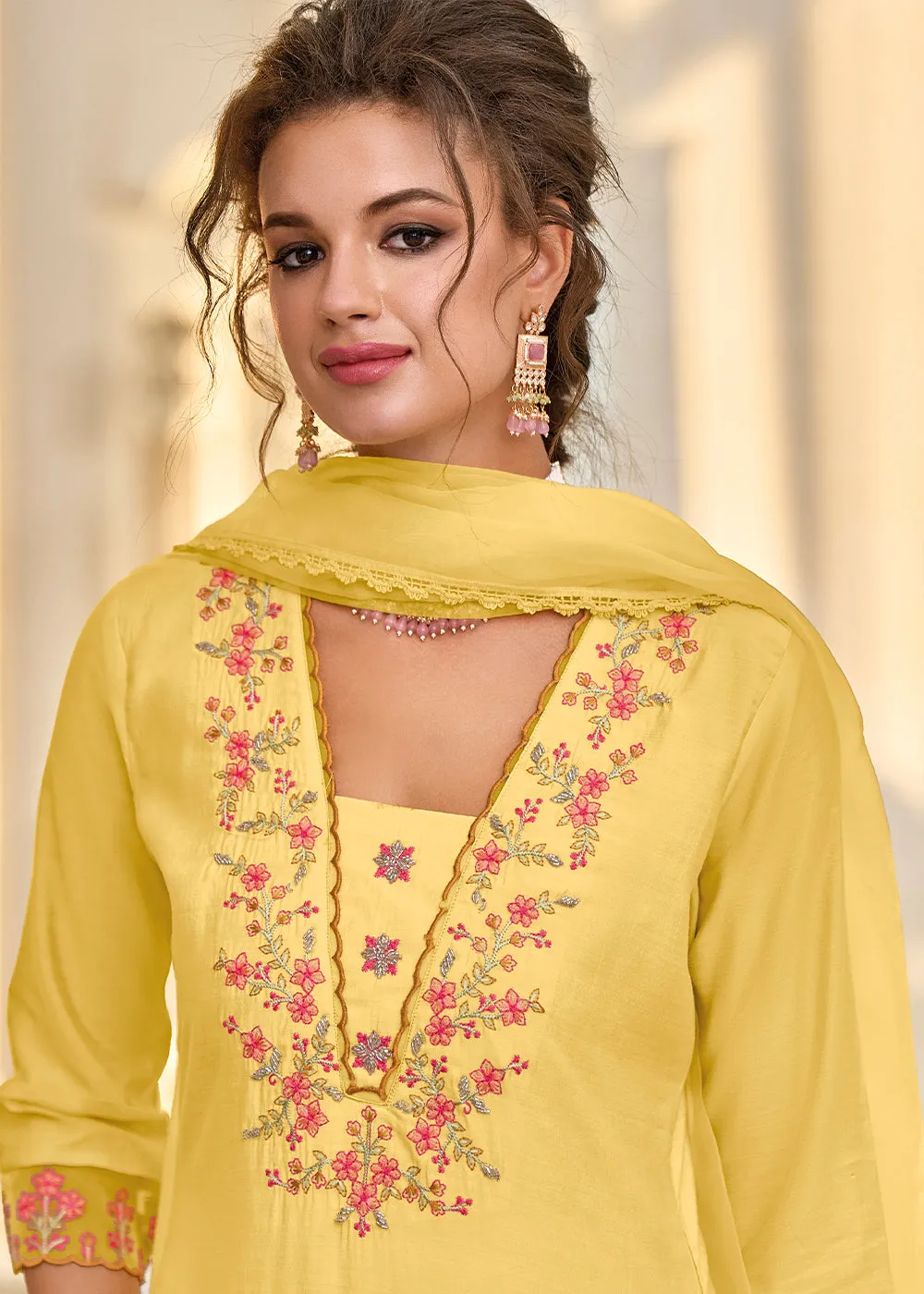 Aureolin Yellow Embroidered Silk Salwar Suit
