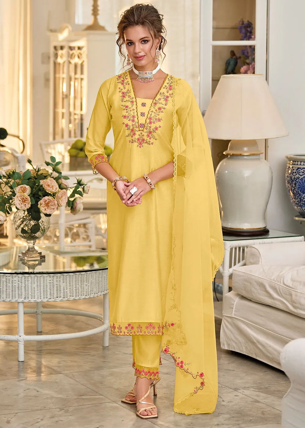 Aureolin Yellow Embroidered Silk Salwar Suit
