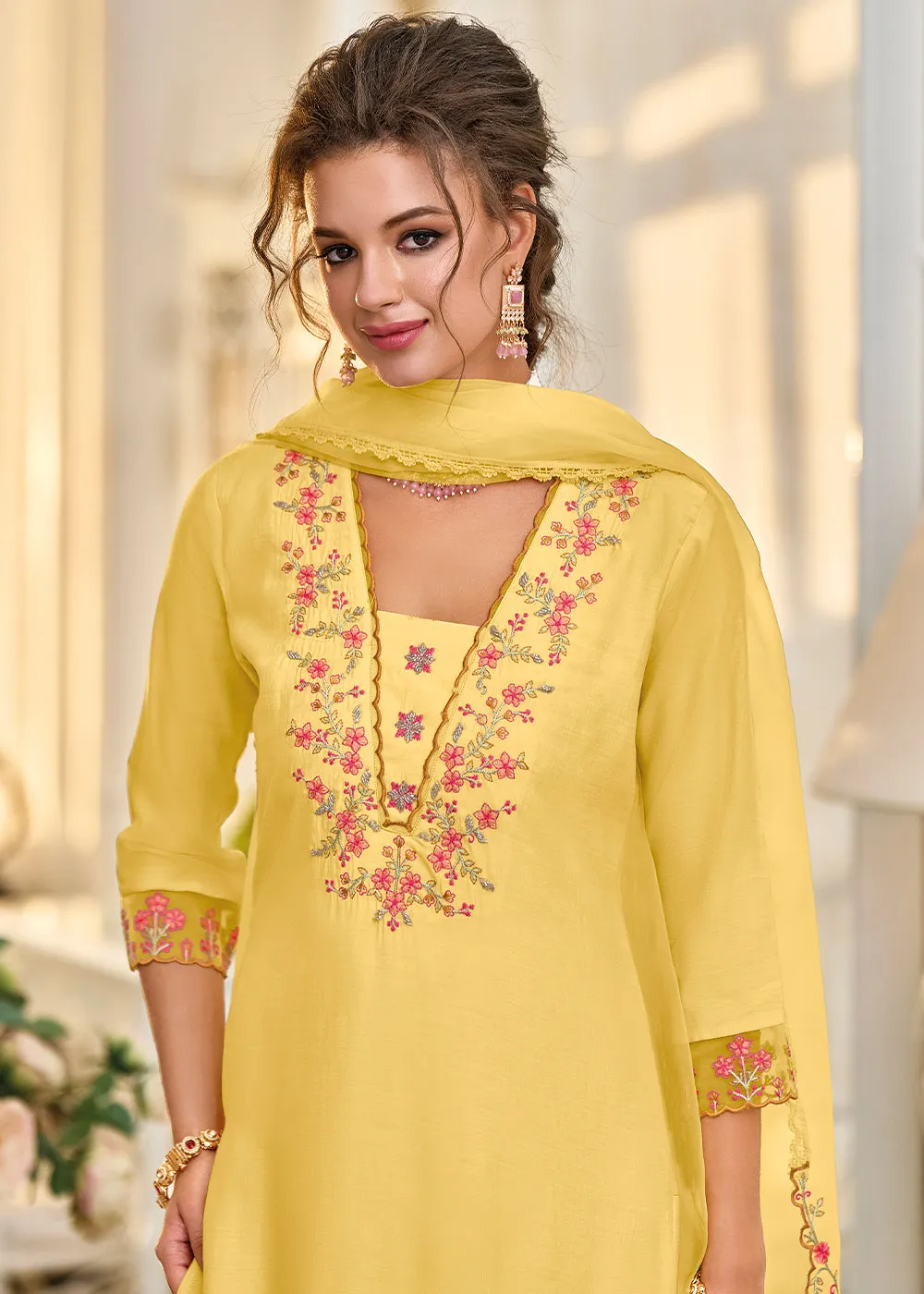 Aureolin Yellow Embroidered Silk Salwar Suit