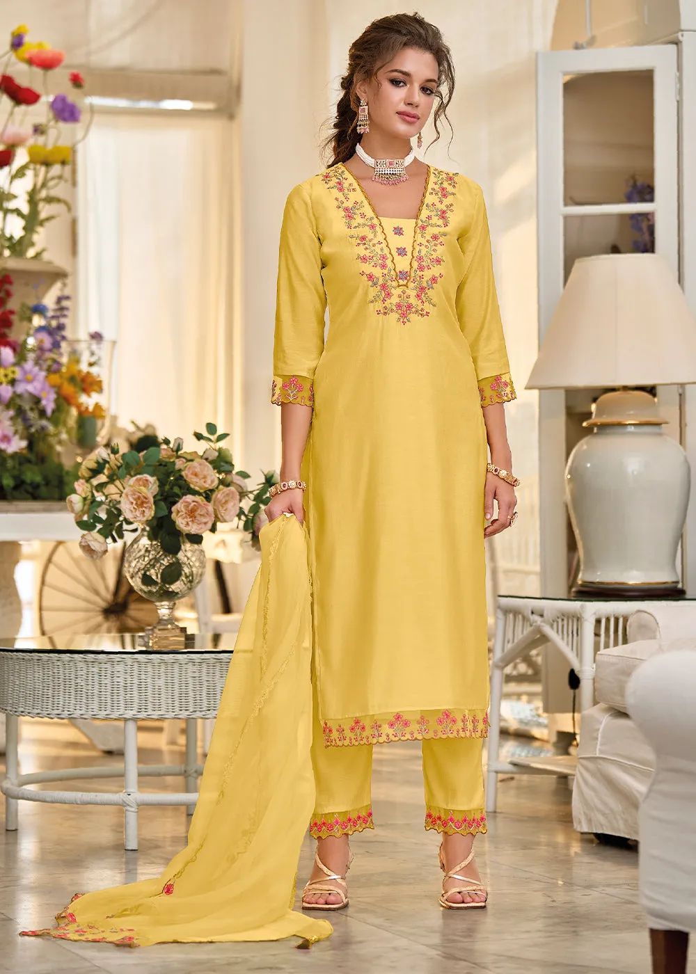 Aureolin Yellow Embroidered Silk Salwar Suit