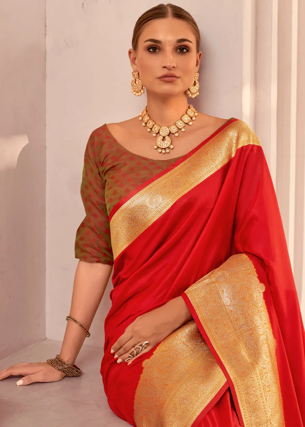Bridal Red Soft Silk Saree with Bold Contrast Border Weaving