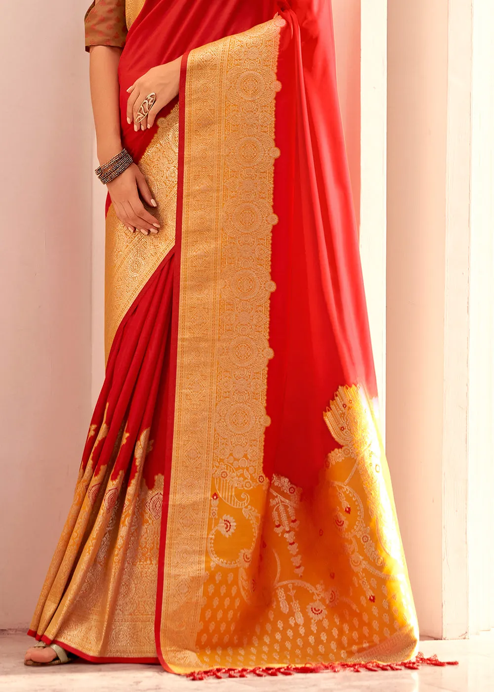 Bridal Red Soft Silk Saree with Bold Contrast Border Weaving