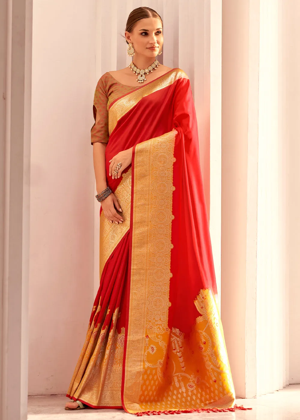 Bridal Red Soft Silk Saree with Bold Contrast Border Weaving