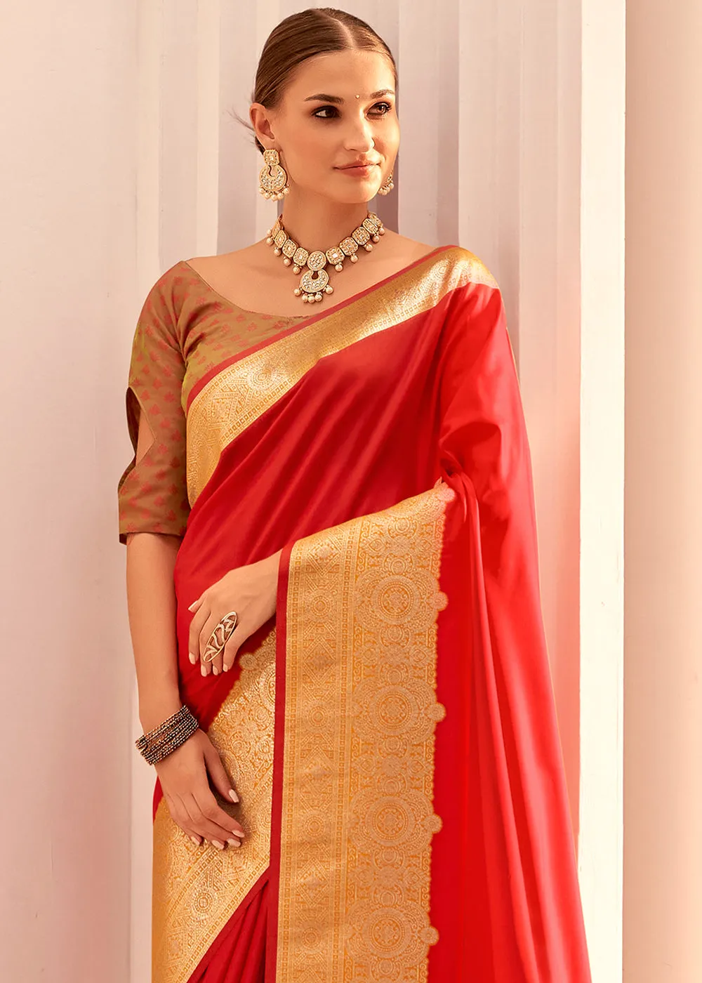 Bridal Red Soft Silk Saree with Bold Contrast Border Weaving