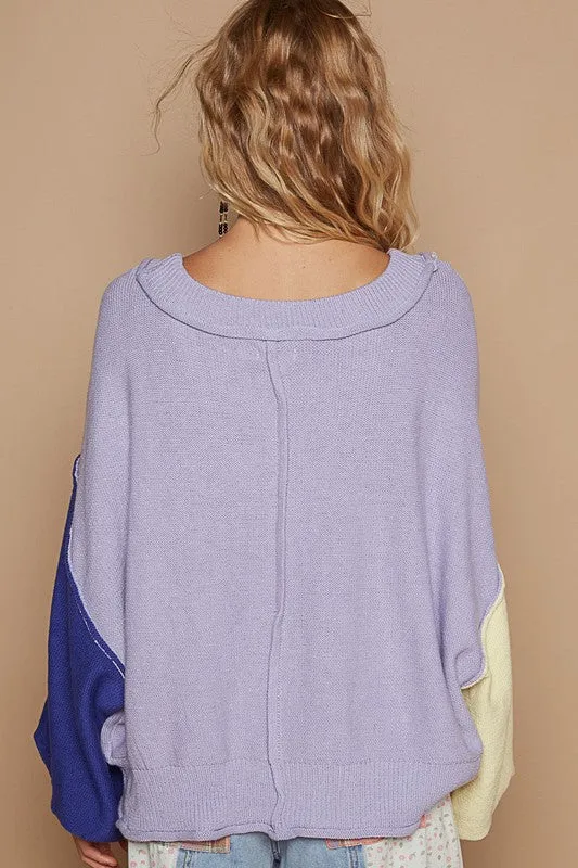 POL Clothing Exposed Seam Contrast V-Neck Womens Sweater