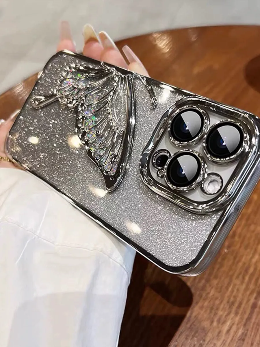 Skeletonized 3D Plating Colorful Butterfly Couple Phone Case