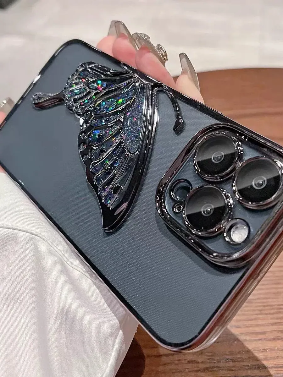 Skeletonized 3D Plating Colorful Butterfly Couple Phone Case