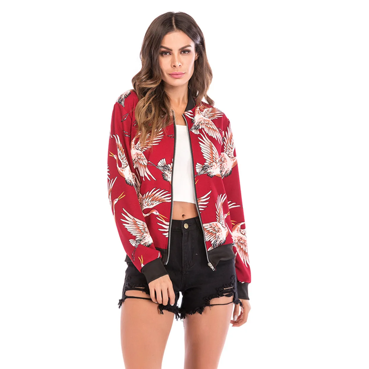 Women's Jacket - Classic Floral Print Zipper Bomber Jacket Coat
