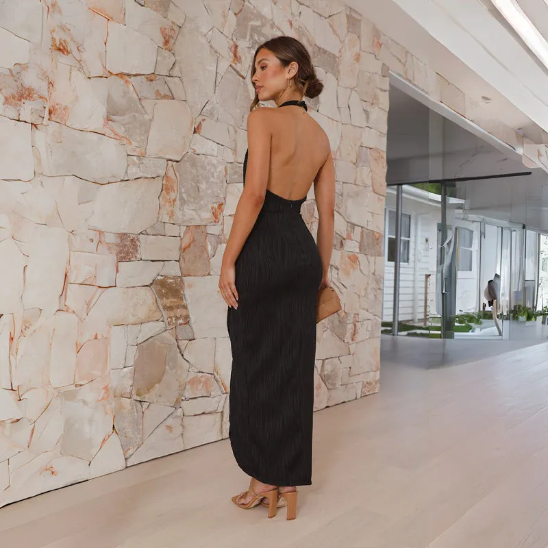 Womens Long Dress  Slim Fit  Satin Look  Halter Neck  Lined Formal Evening Wear